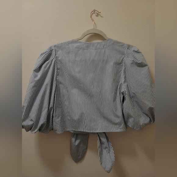 Jonathan Simkhai Ellen Blue White Stripe Cotton Oxford BabyDoll Puff Sleeve Top - Picture 14 of 16